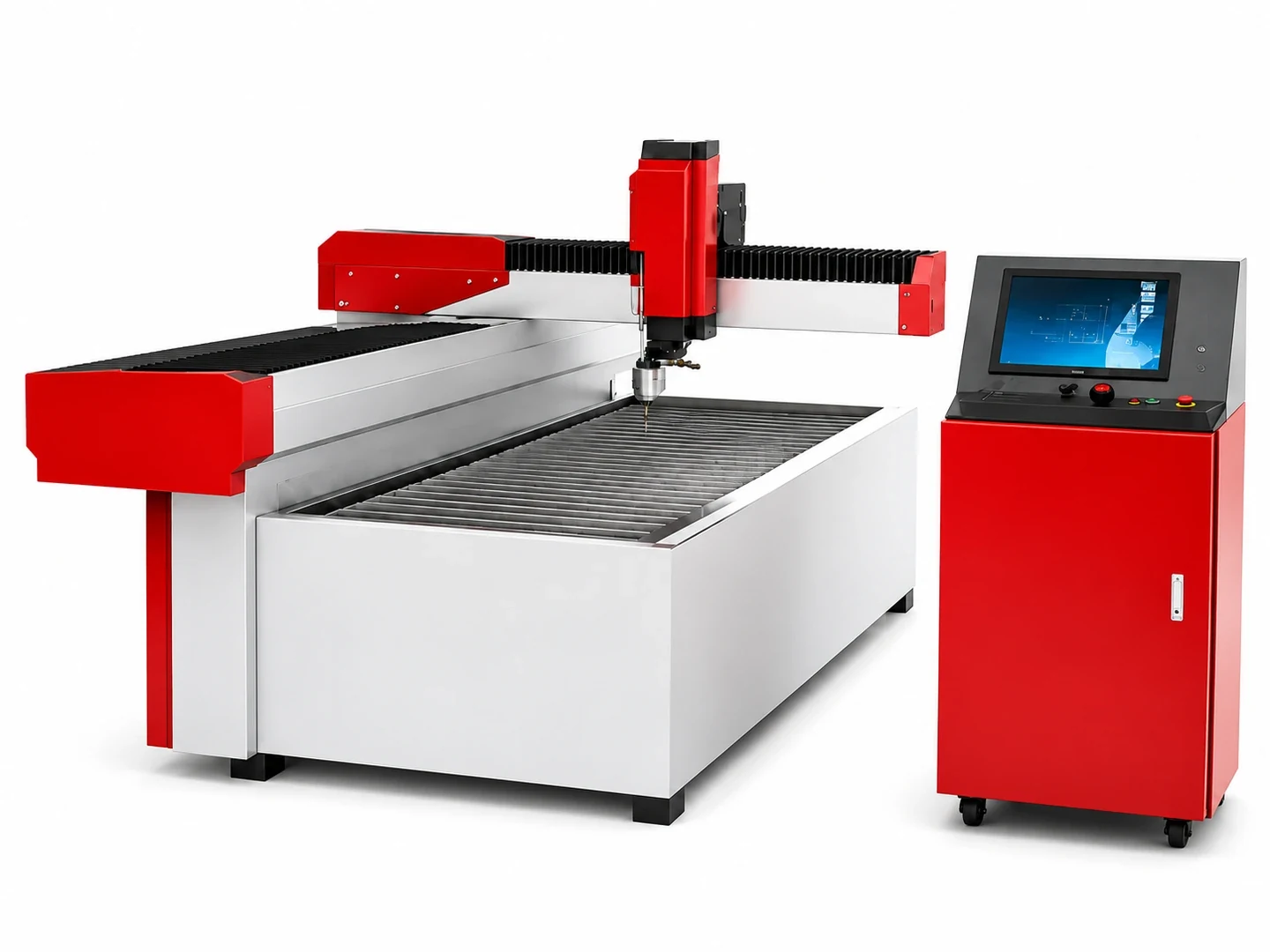 Product visualization of the FY-WJ01 cantilever CNC waterjet cutting table and separate control console