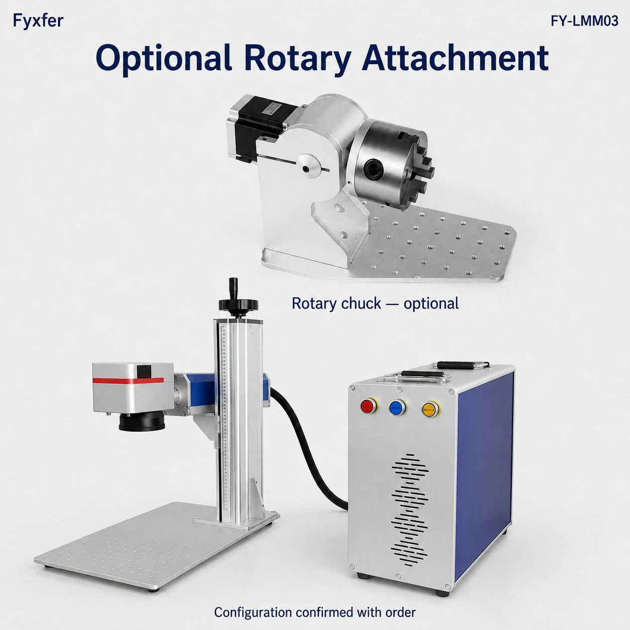 Optional rotary chuck attachment for an FY-LMM03 split laser marker; configuration confirmed with order