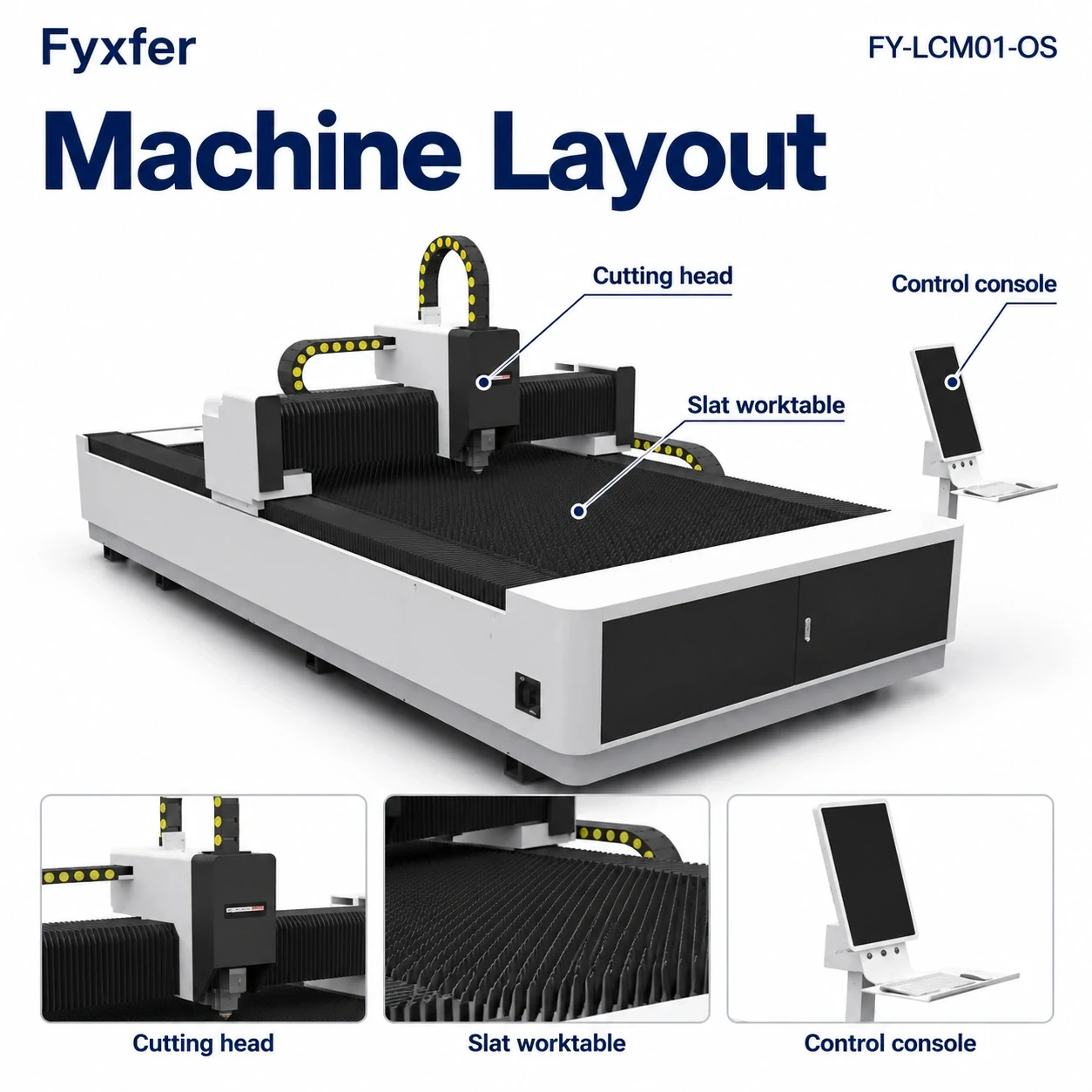 Illustrated FY-LCM01-OS layout identifying the cutting head, sheet worktable and control console