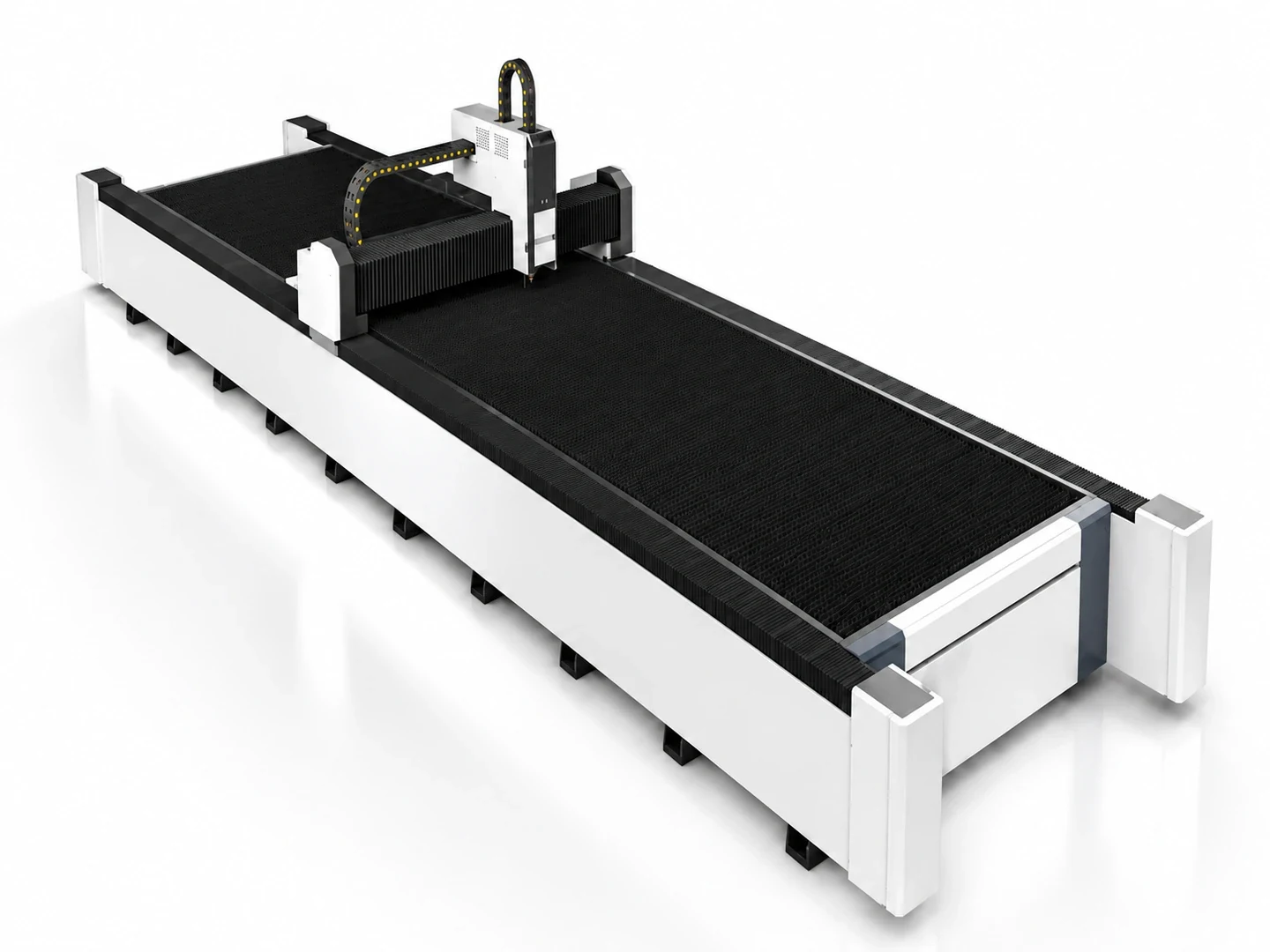 Product visualization of FY-LCM01-G showing its long sheet bed and moving gantry