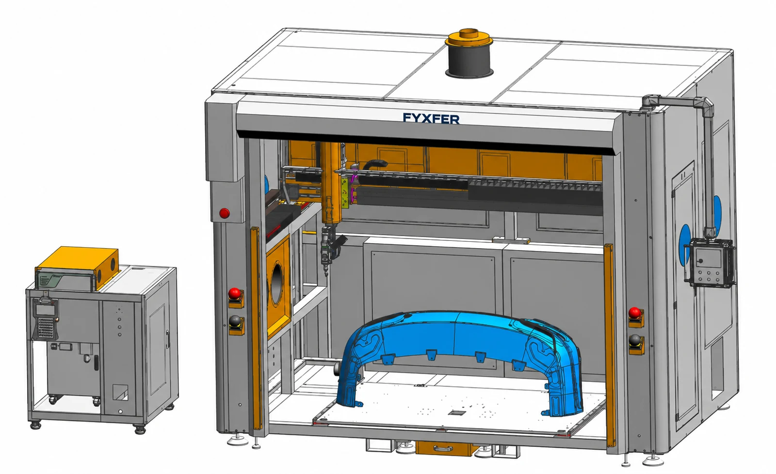 FYXFER five-axis CO2 cutting system CAD illustration showing gantry, cutting head and blue bumper workpiece inside the open enclosure