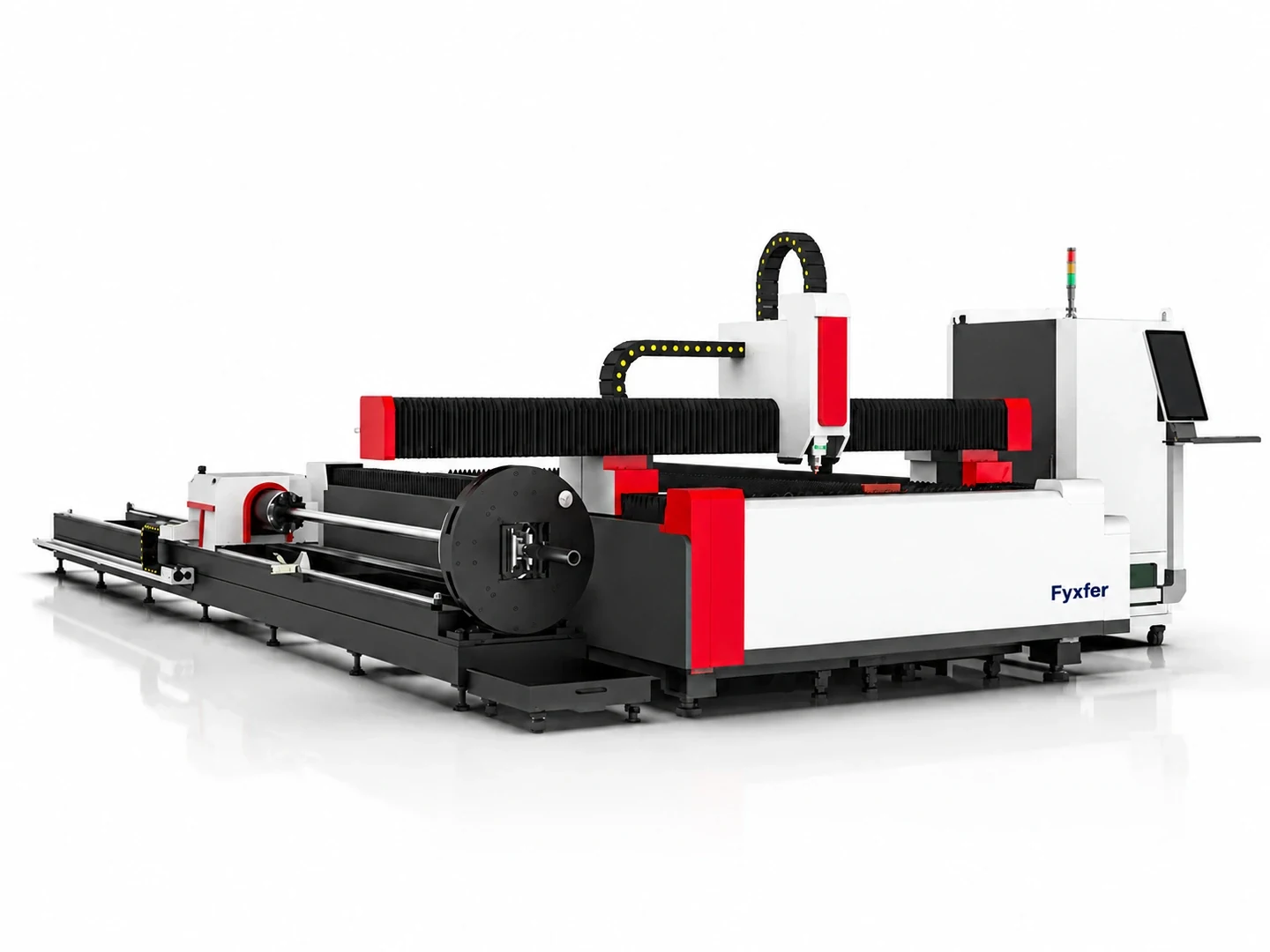 Product visualization of FY-LCM01-OM with a flat worktable and tube chuck assembly