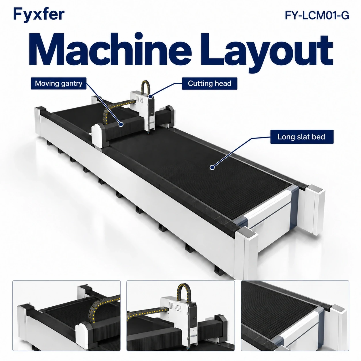 Illustrated FY-LCM01-G layout identifying the long worktable, moving gantry and cutting head