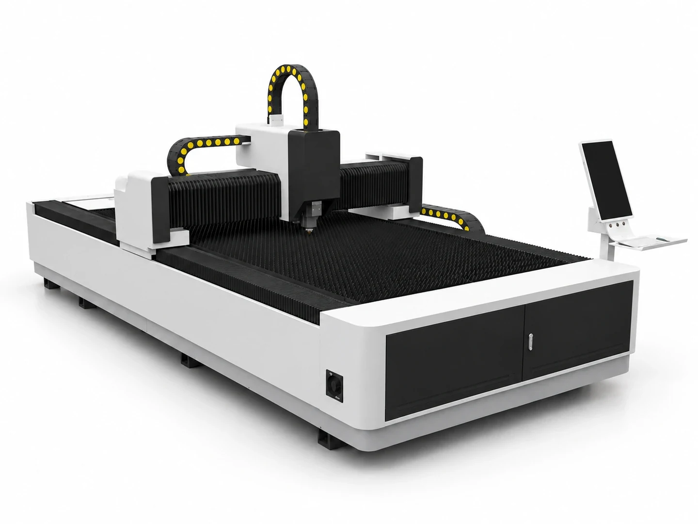 Product visualization of FY-LCM01-OS with an open sheet worktable and CNC console
