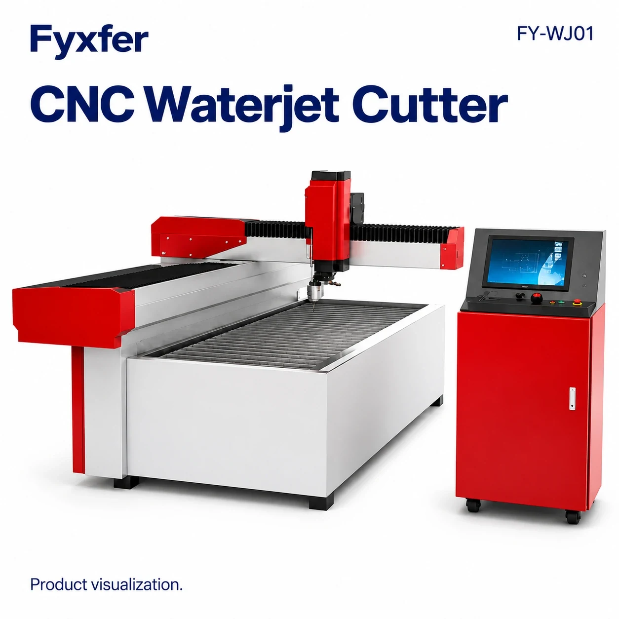 Product visualization of the FY-WJ01 CNC waterjet cutting machine and separate console
